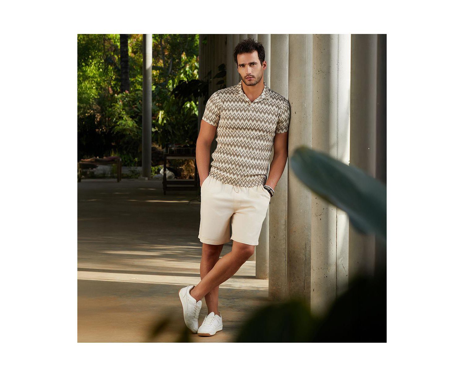 Men's French Beige and Off White Zig-Zag Knit Polo T-Shirt
