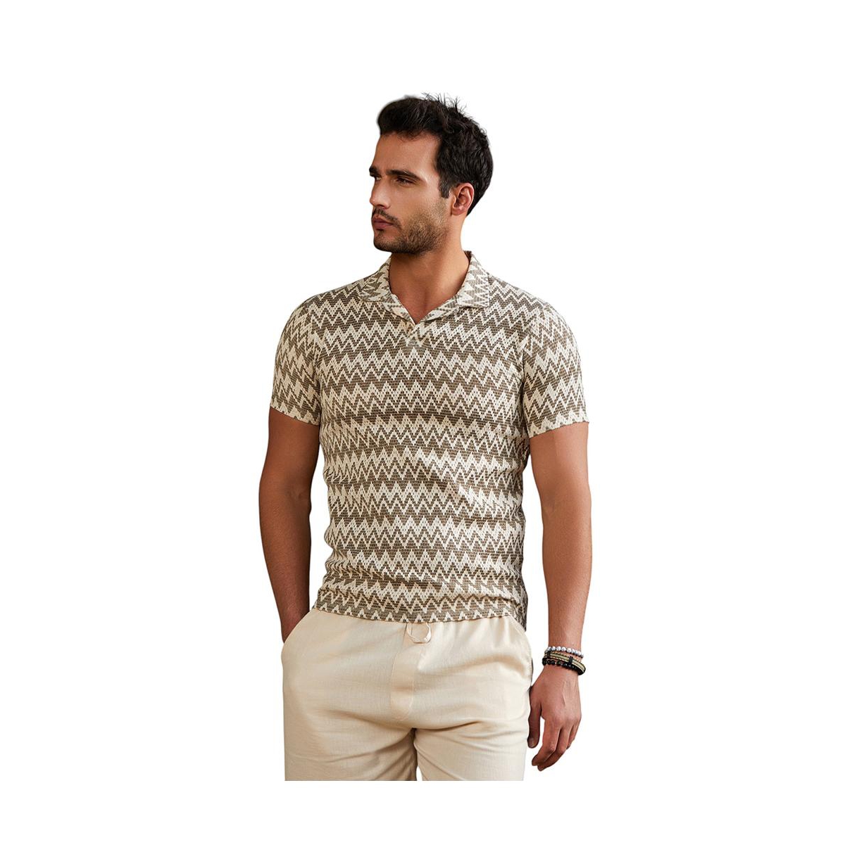 Men's French Beige & Off White Zig-Zag Knit Polo T-Shirt - Beige/khaki