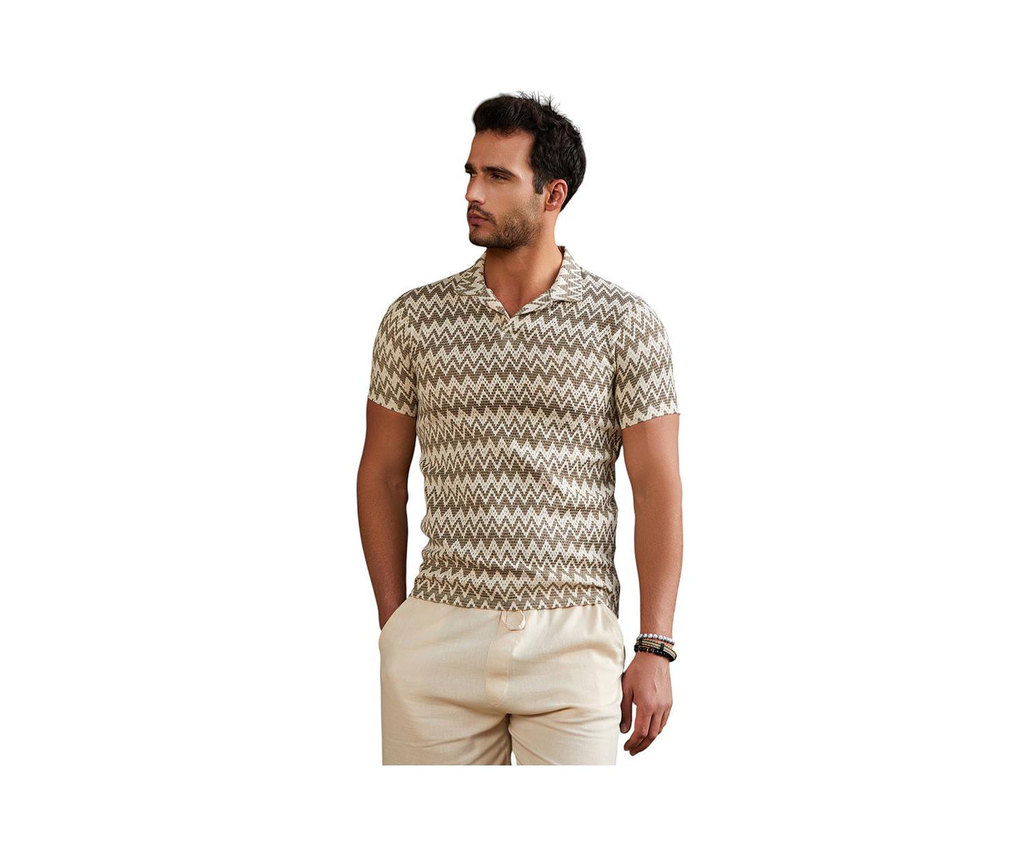Men's French Beige and Off White Zig-Zag Knit Polo T-Shirt