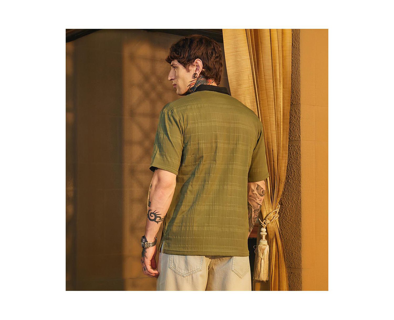 Men's Olive Green and Onyx Black Contrast Grid Polo T-Shirt