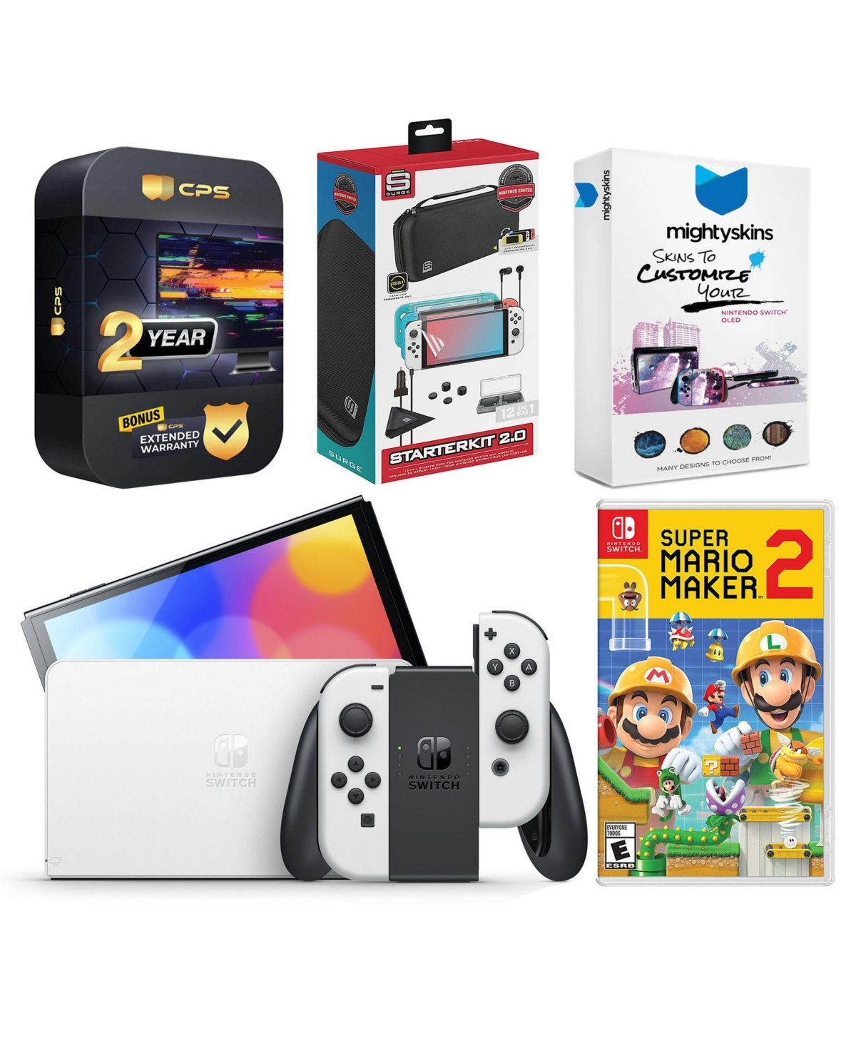 Nintendo Switch White Oled Console with Mario Maker 2, Surge Accessory Gaming Kit, MightySkins Console and Controller Skin Voucher, and 2 Year Cps Ext