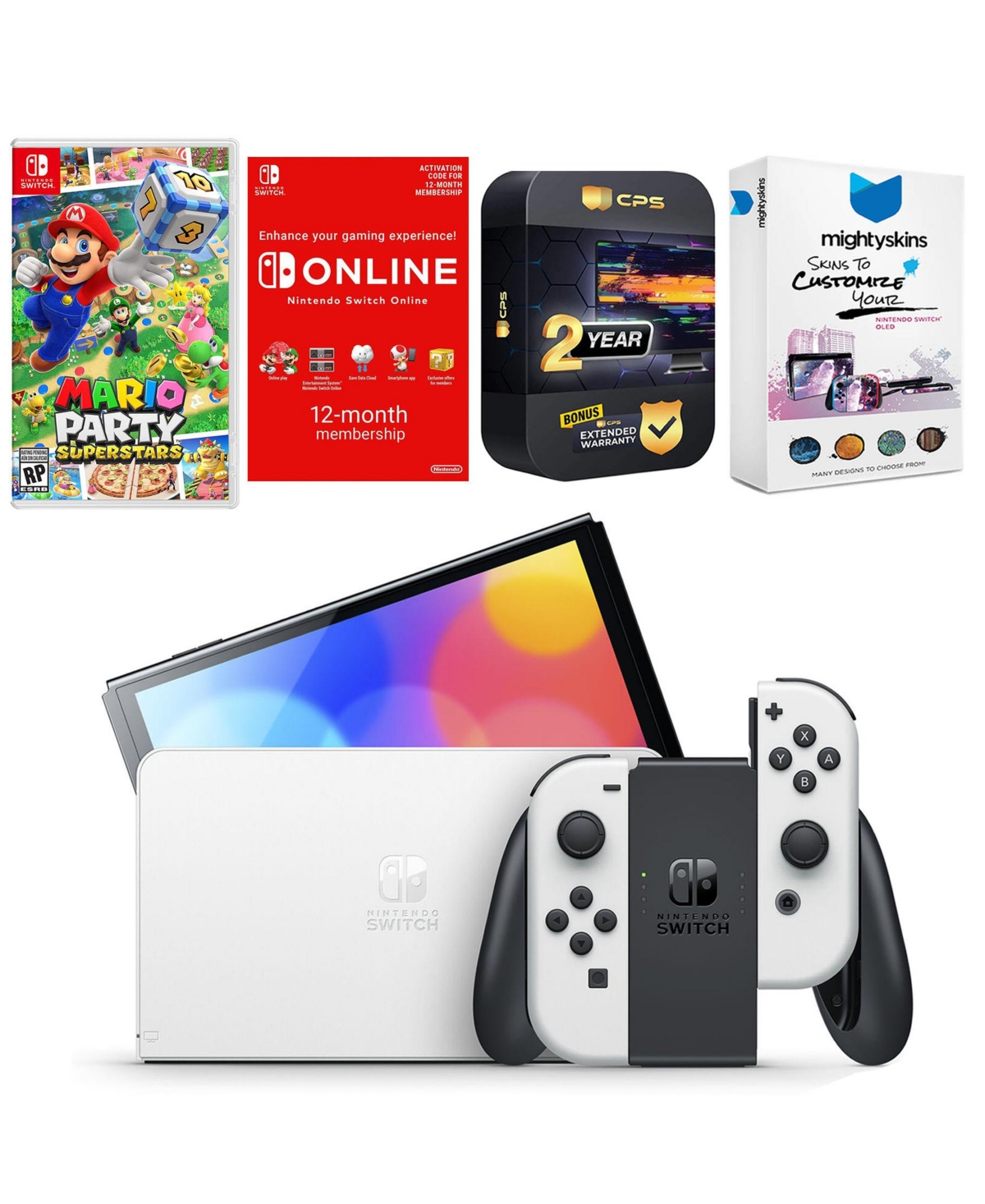 Nintendo Switch White Oled Console with Mario Party Superstars, Nso 12 Month Family Membership, MightySkins Console and Controller Skin Voucher