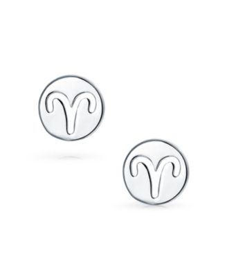 Tiny Simple Round Astrology Aries Horoscope Zodiac Stud Earrings Sterling Silver