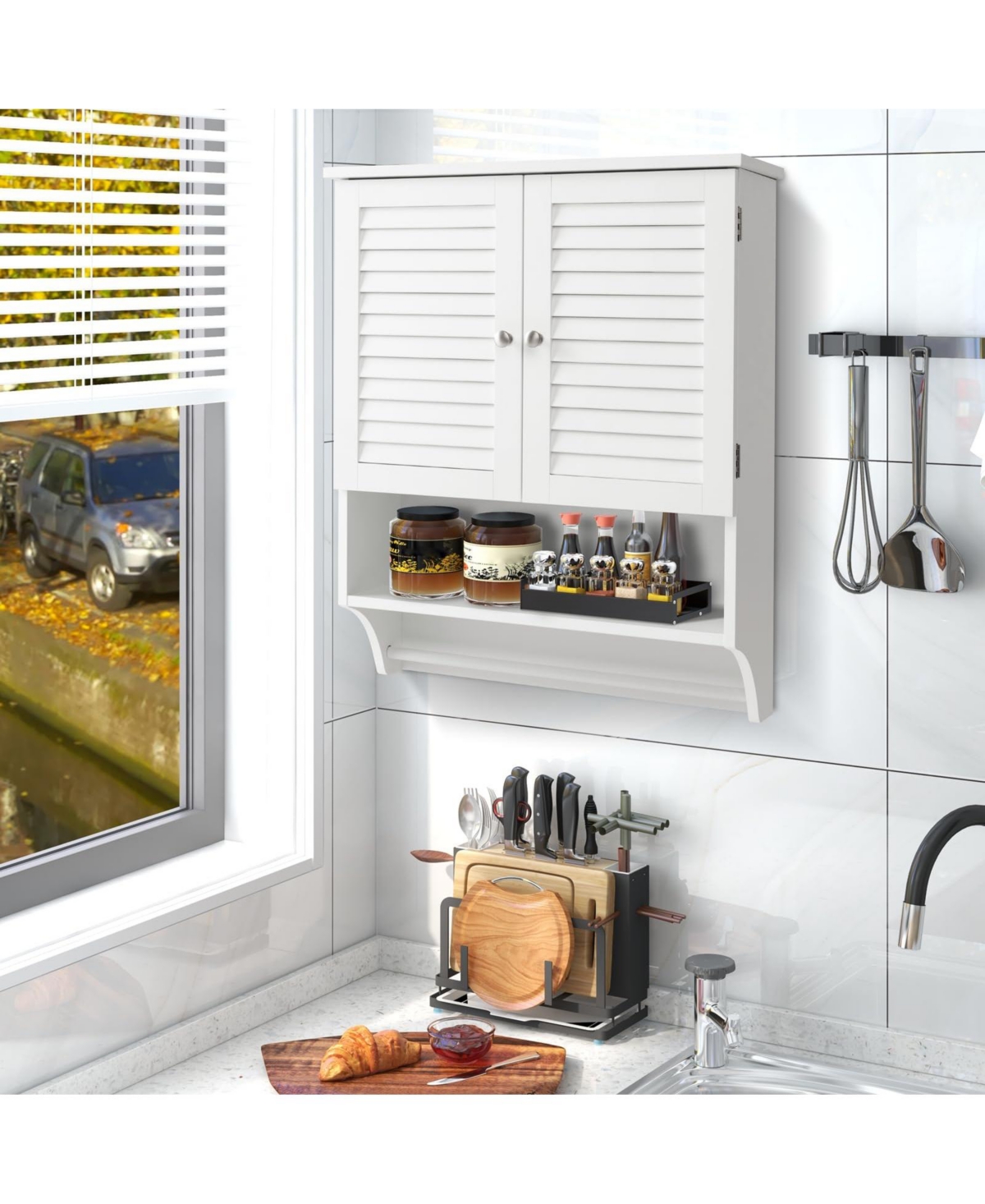 2-Doors Bathroom Wall-Mounted Medicine Cabinet with Towel Bar