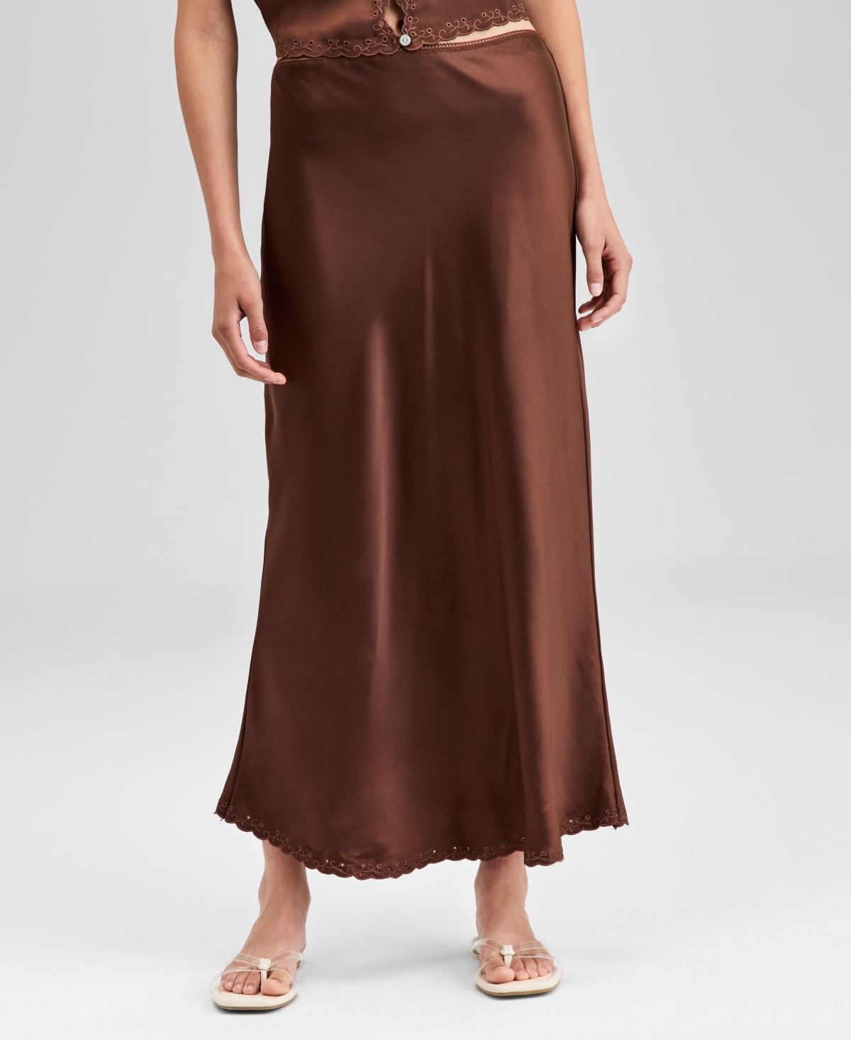 And Now This Women's Embroidered Hem Pull-on Midi Skirt, Exclusively At Macy's In Brown