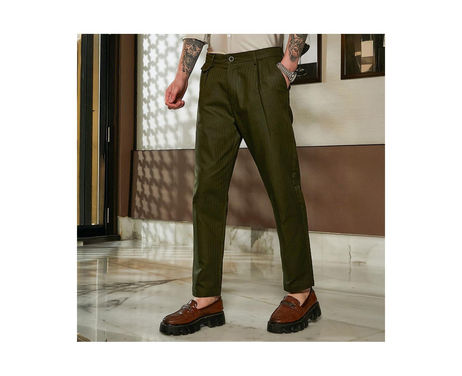 Men's Juniper Green Striped Tailored Trousers