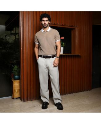 Men's Sand Beige Cuboid-Stripe Polo T-Shirt