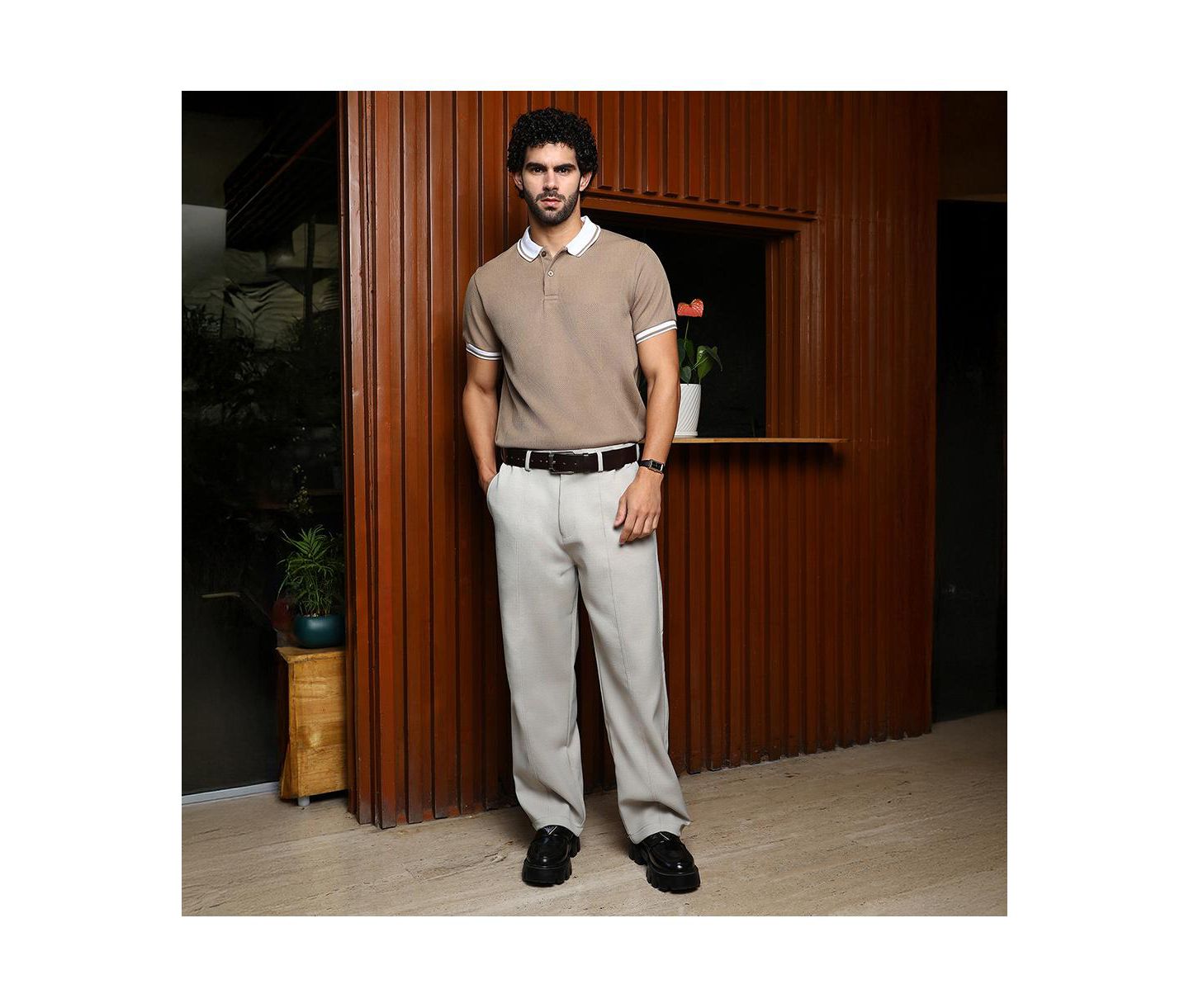 Мужская футболка Cahoot Campus Sutra Sand Beige Cuboid-Stripe Polo, цвет: Бежевый / Хаки — фото 5