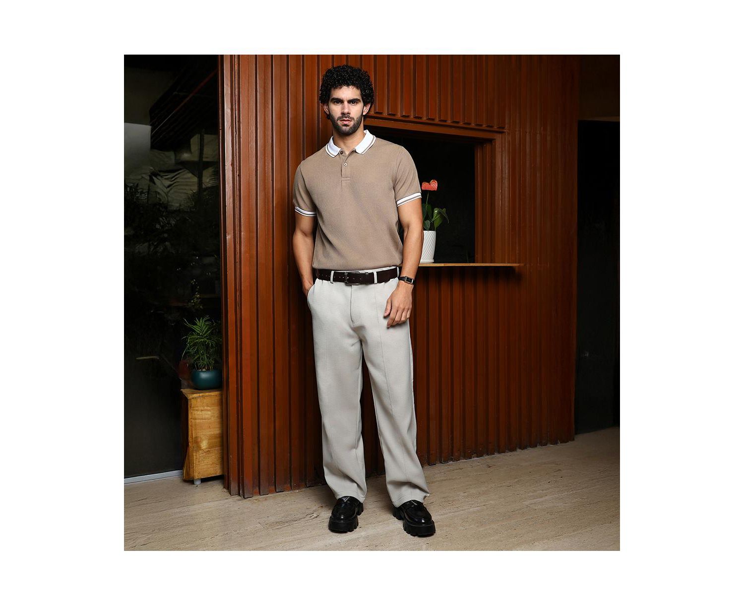 Men's Sand Beige Cuboid-Stripe Polo T-Shirt