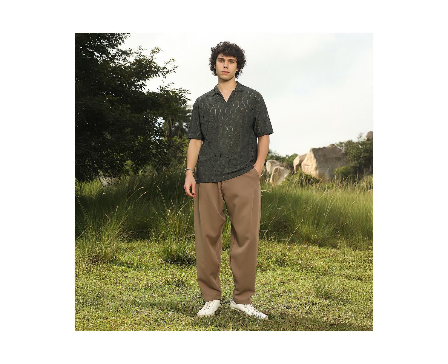Men's Juniper Green Honeycomb-Knit Polo T-Shirt