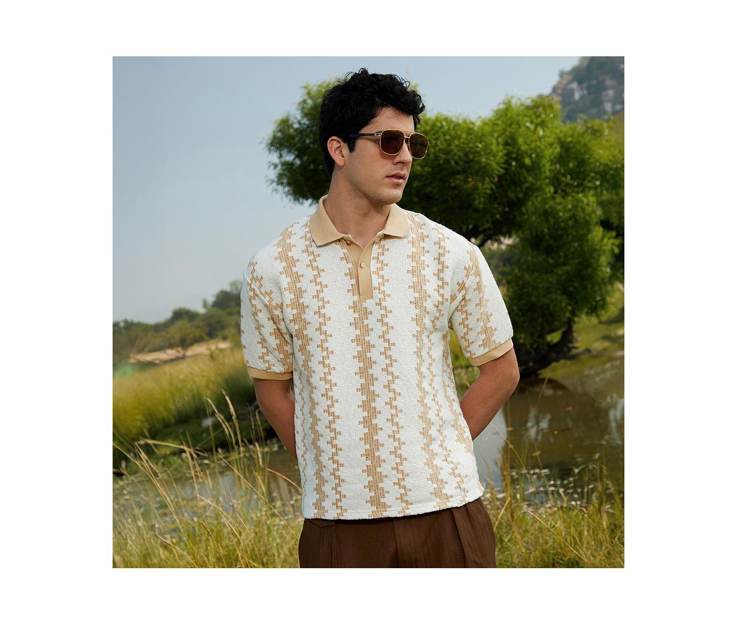 Мужская футболка Cahoot Campus Sutra Buff Beige & Cream White Indie-Block Polo, цвет: Бежевый / Хаки — фото 2