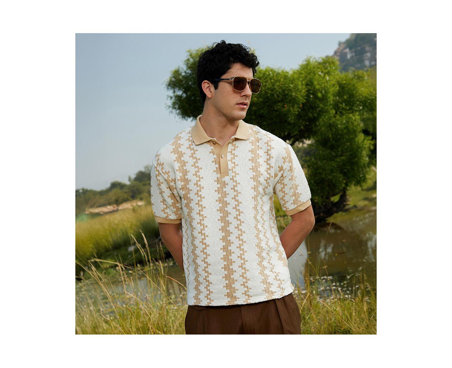 Men's Buff Beige & Cream White Indie-Block Polo T-Shirt