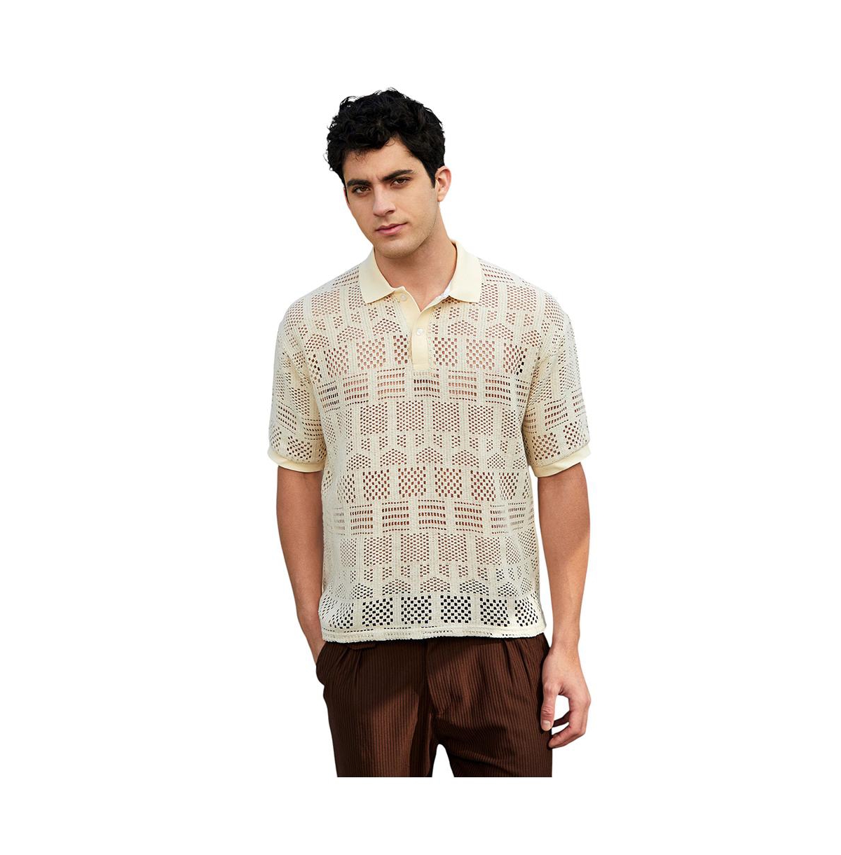 Campus Sutra Men's Buff Beige Geo-Boho Oversized Polo T-Shirt - Beige/khaki