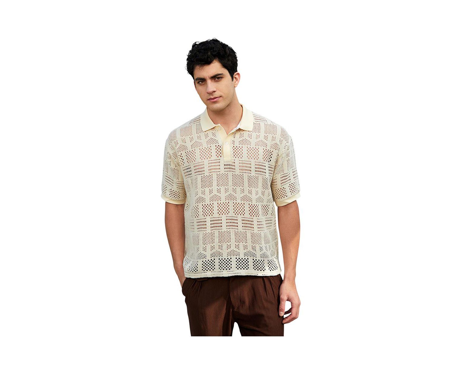 Men's Buff Beige Geo-Boho Oversized Polo T-Shirt
