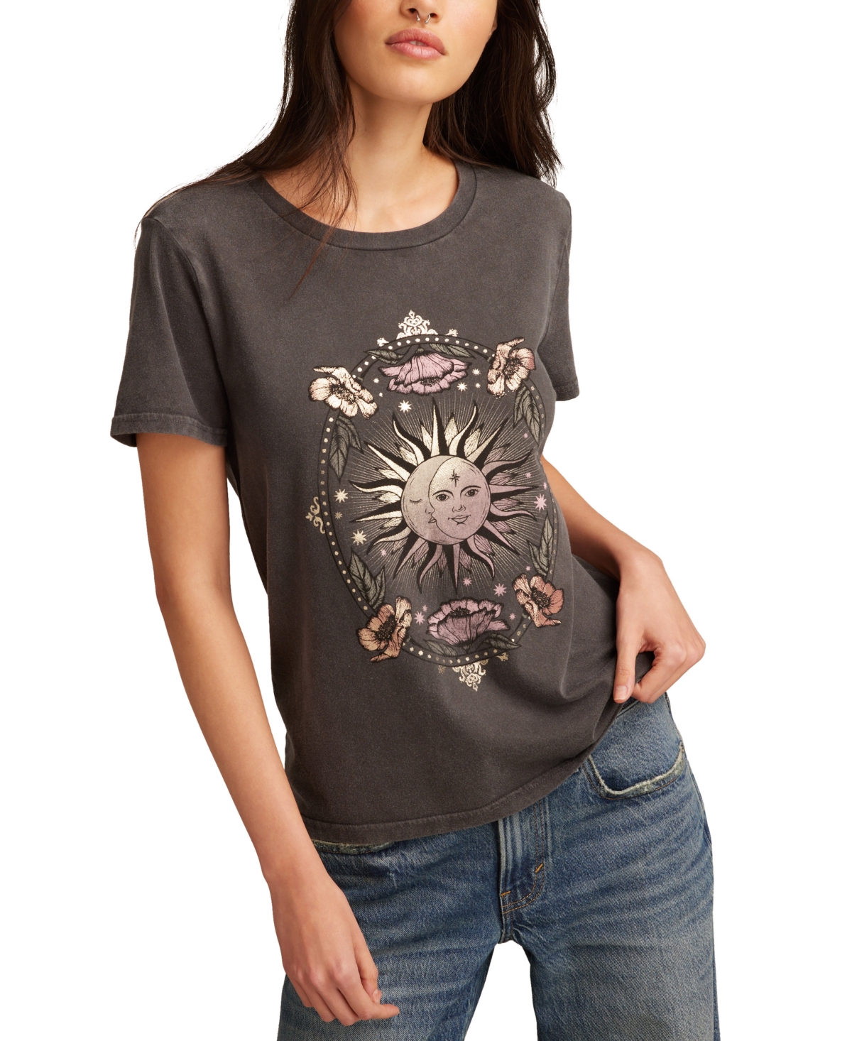 Women's Celestial Floral Sun Crewneck Cotton T-Shirt - Jet Black
