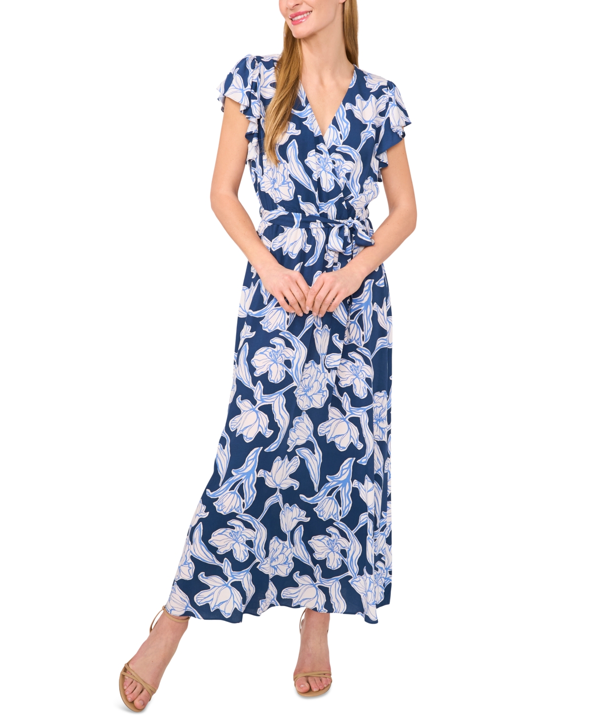 Women's Wrap-Front Short-Sleeve Maxi Dress - Denim/White