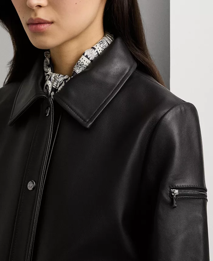 Women's Buttoned Leather Jacket - thumbnail 4