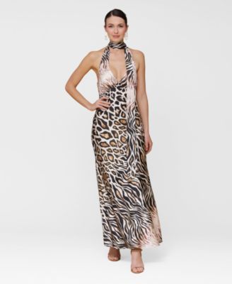 Women's Printed Halter Scarf-Tie Maxi Dress