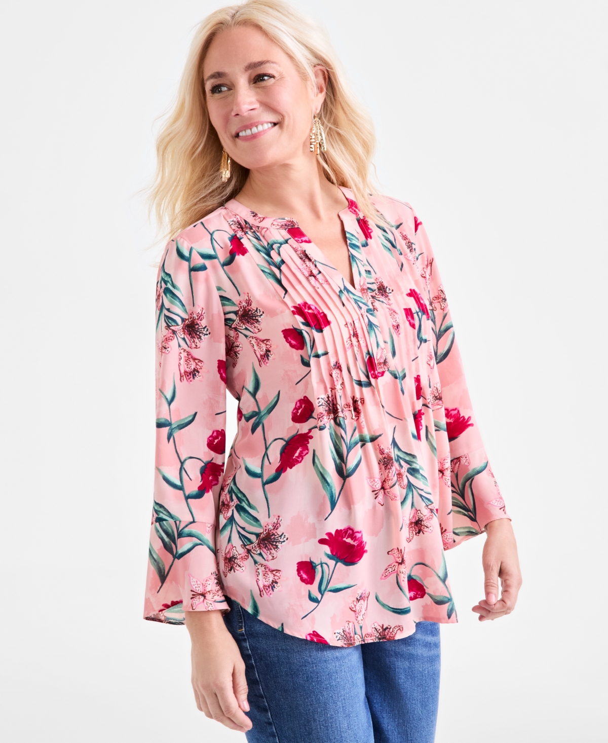 Style & Co Women's Printed Pintuck Ruffle Sleeve Top, Exclusively at Macy's - Bloom Coral