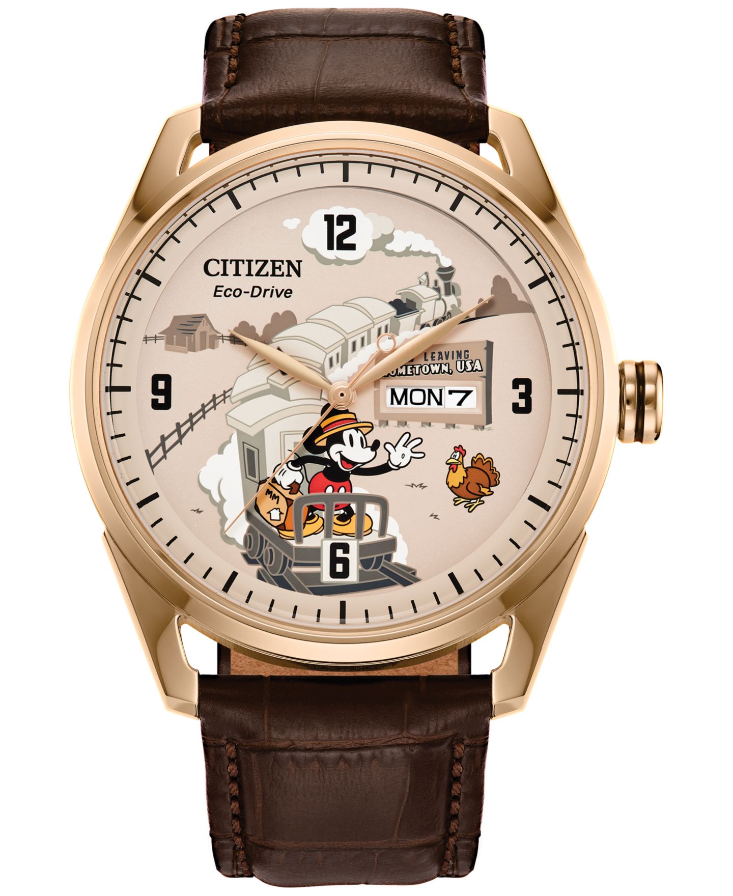 Мужские часы Citizen Eco-Drive Disney Mickey Mouse Brown Leather Strap Watch 42mm — фото 1