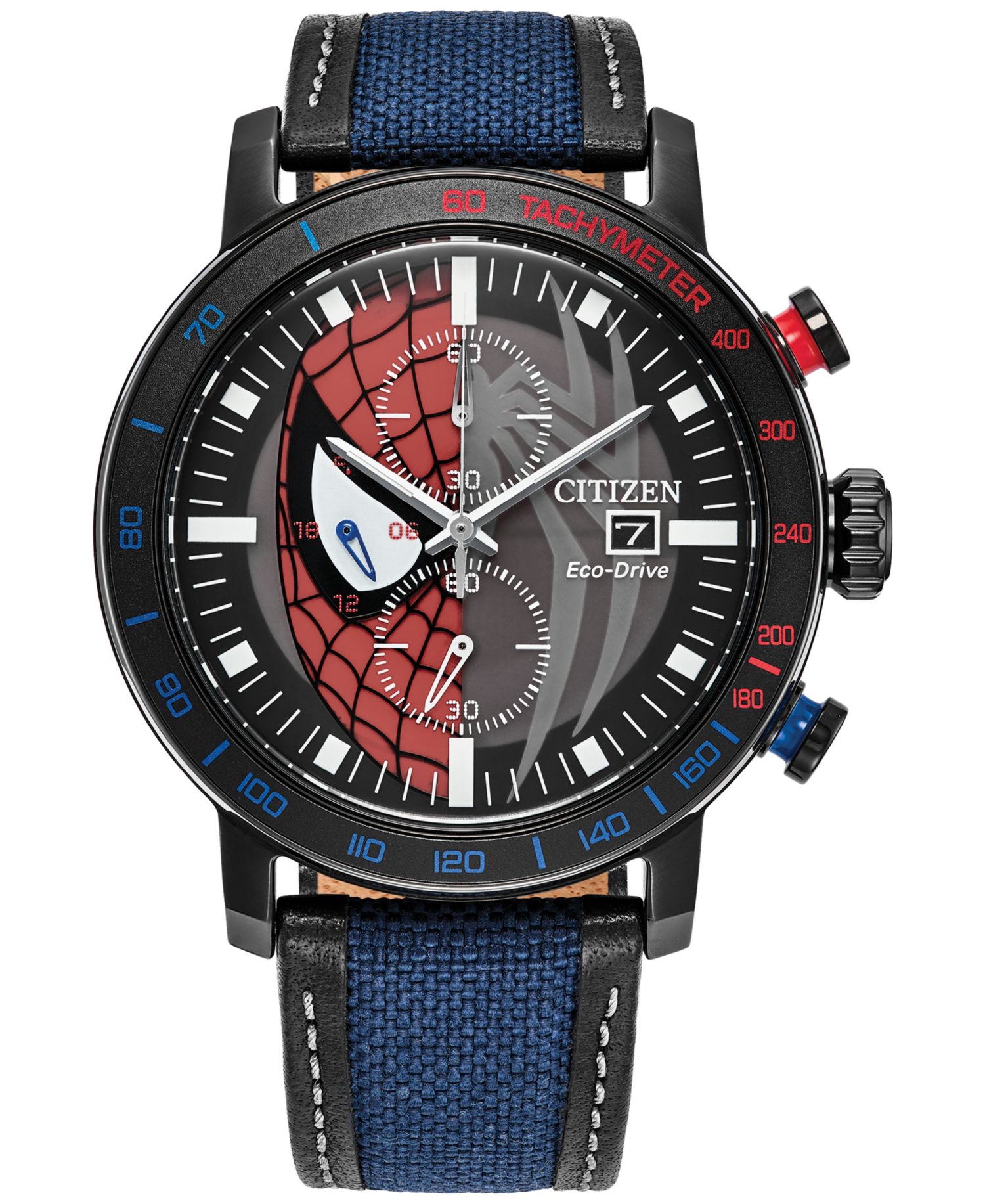Eco-Drive Men's Chronograph Marvel Spider-Man Double Vision Blue Nylon Leather Strap Watch 44mm