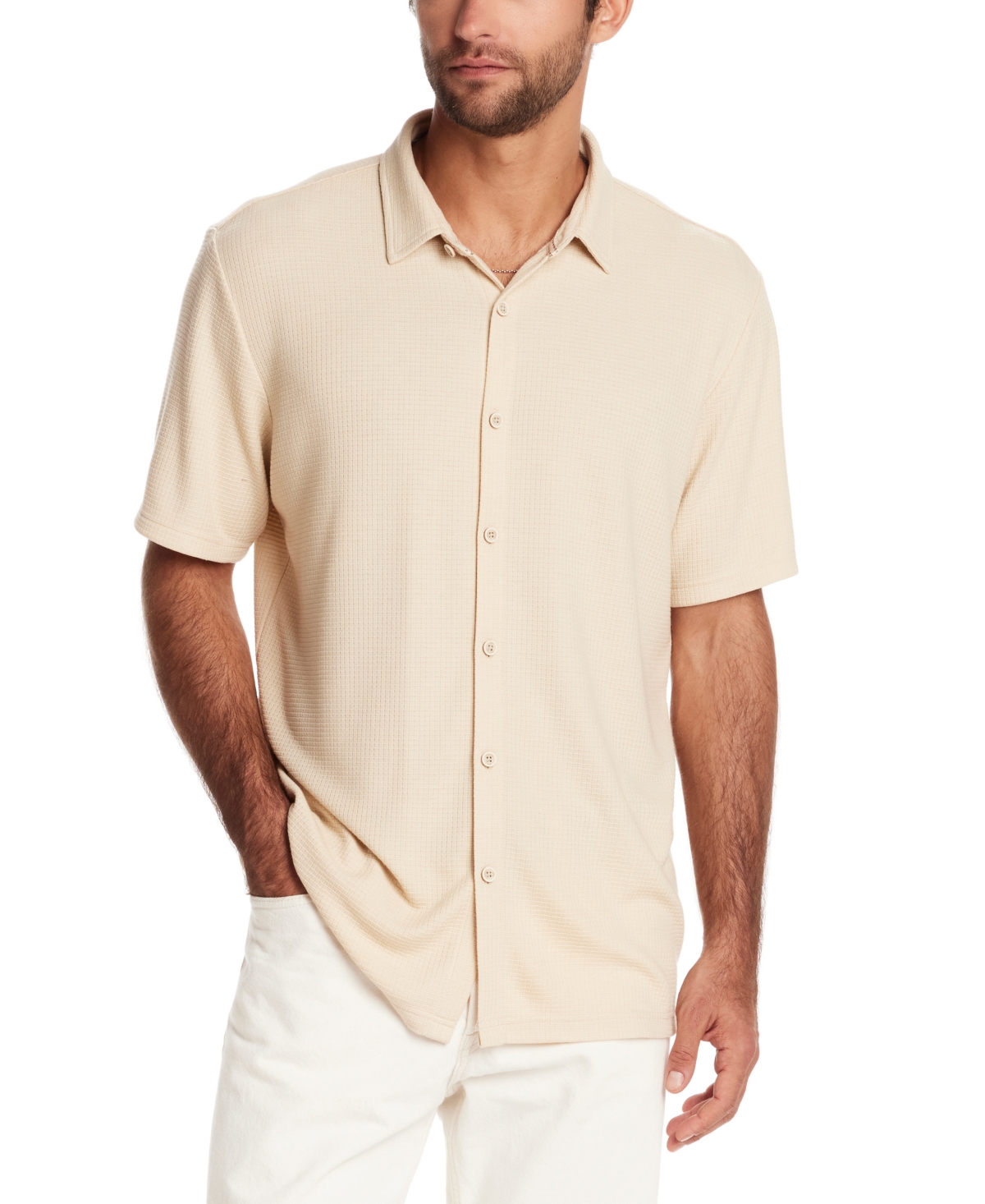 Men's Short Sleeve Waffle-Knit Button-Front Shirt - Olive Heather