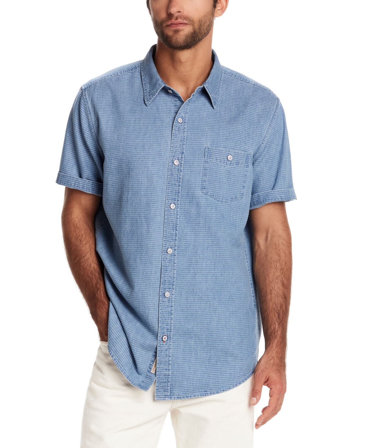 Мужская джинсовая рубашка в полоску с коротким рукавом и пуговицами спереди