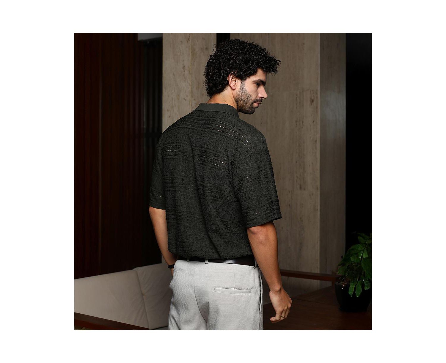 Men's Midnight Black Bohomian Oversized Polo T-Shirt