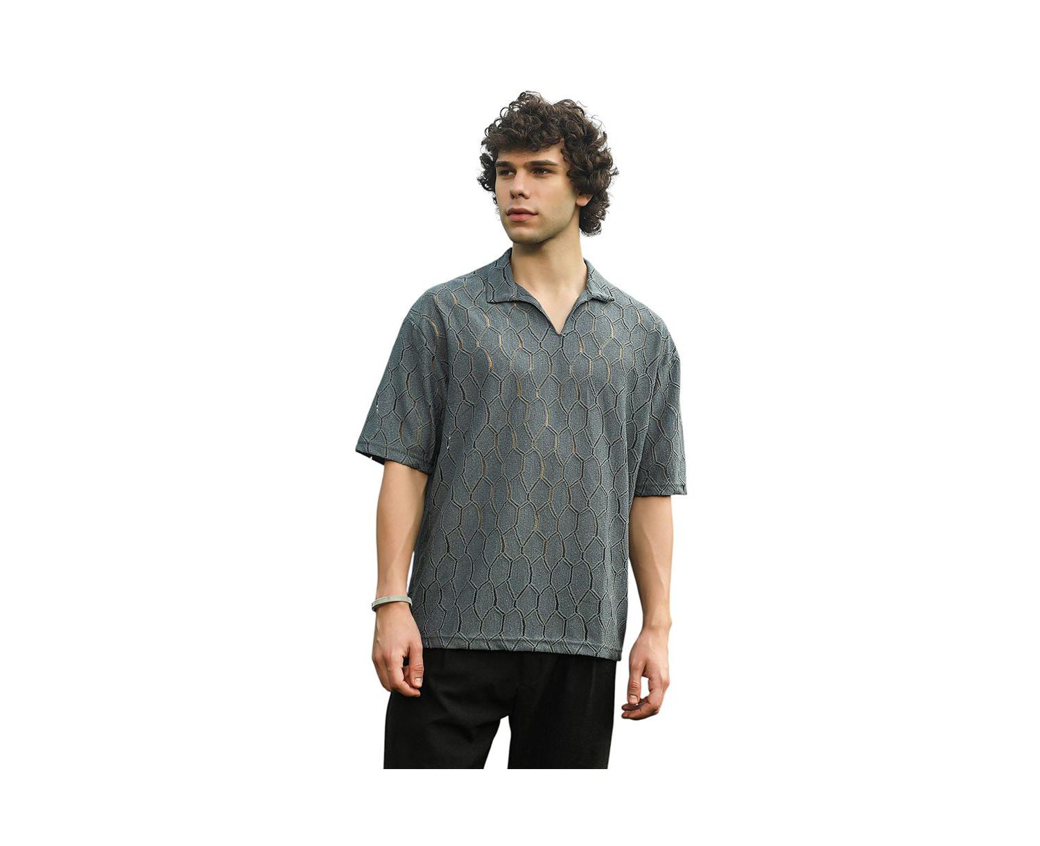 Men's Moon Grey Honeycomb-Knit Polo T-Shirt