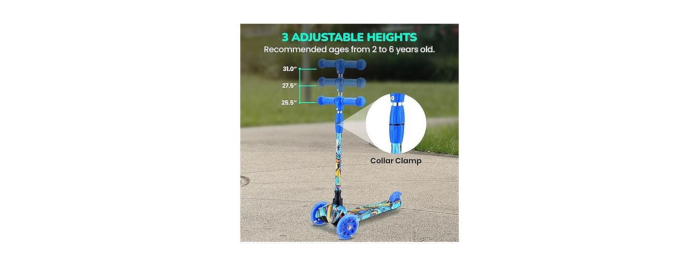 Детская игрушка Hurtle 3-Wheel Mini Kickboard Scooter for Kids - Adjustable Handlebar, LED Light-Up Wheels, Ages 2-5 - Graffiti Design — фото 4
