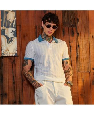 Мужская футболка поло Campus Sutra с контрастной текстурой белого цвета и эгейского синего цвета