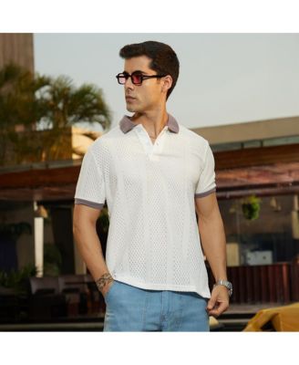 Мужская контрастная футболка-поло из открытой вязки Campus Sutra белого и пастельно-фиолетового цветов