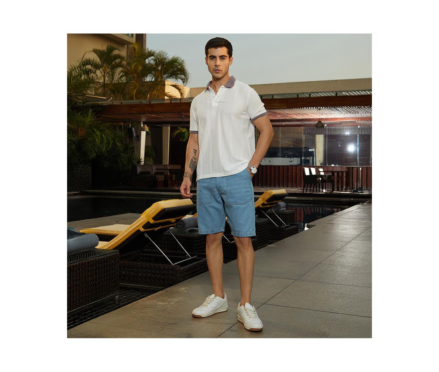 Мужская футболка Cahoot Campus Sutra Chalk White and Pastel Purple Contrast Open-Knit Polo, цвет: Белый — фото 5