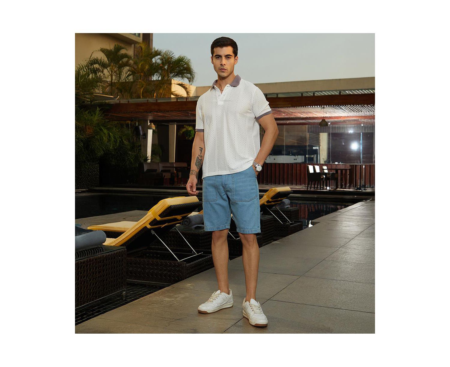 Men's Chalk White and Pastel Purple Contrast Open-Knit Polo T-Shirt