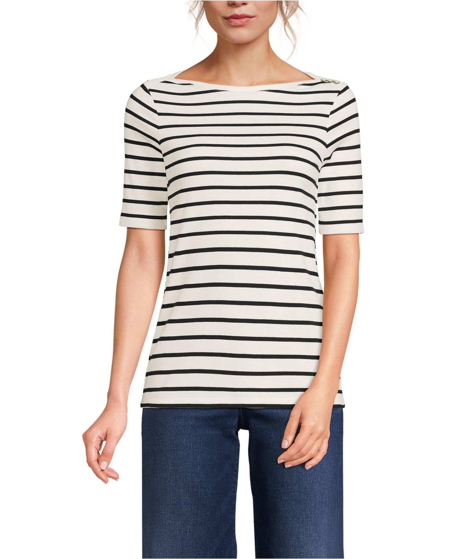 Women's Supima Cotton Elbow Sleeve Boatneck Button Shoulder Tee