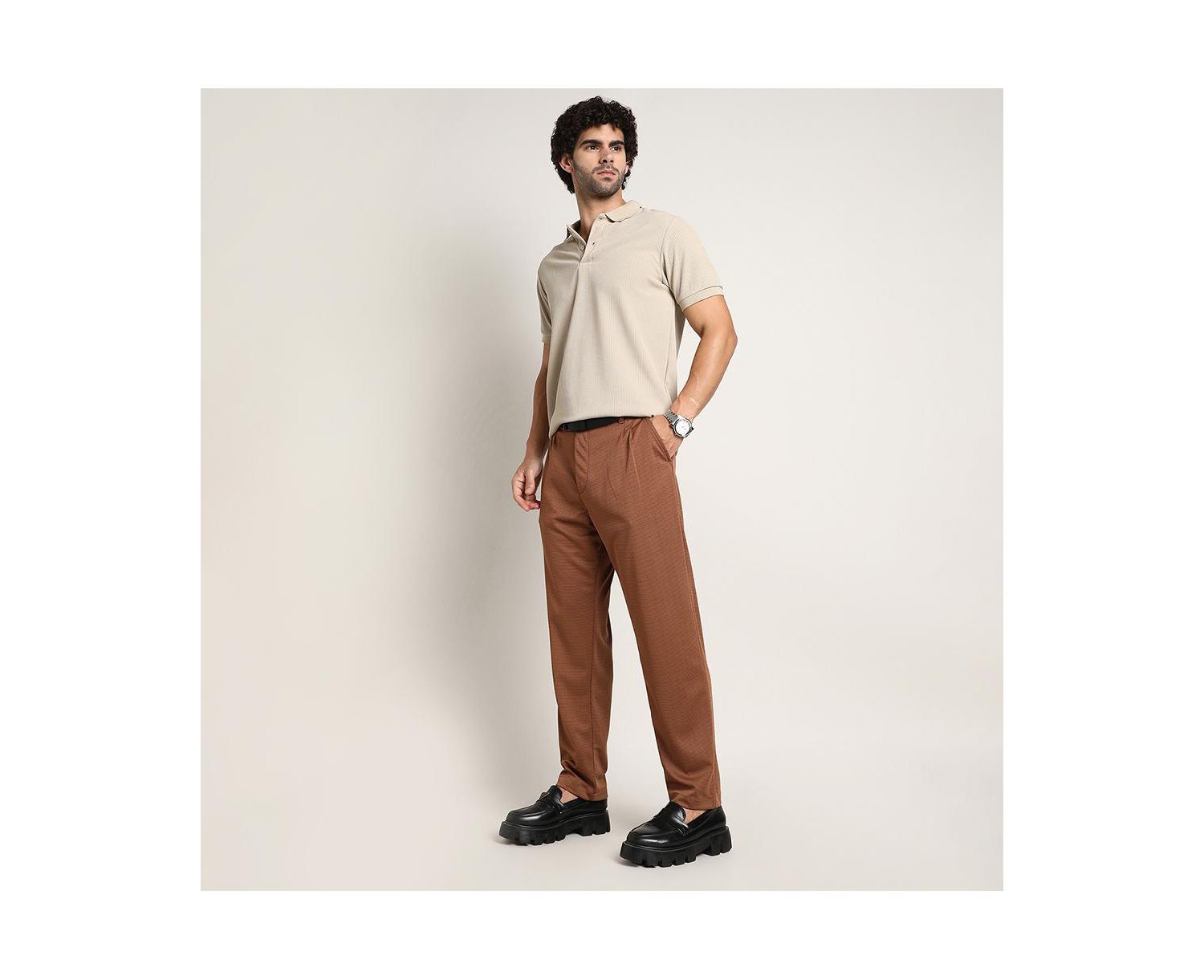 Men's Russet Brown Micro-Check Chino Trousers