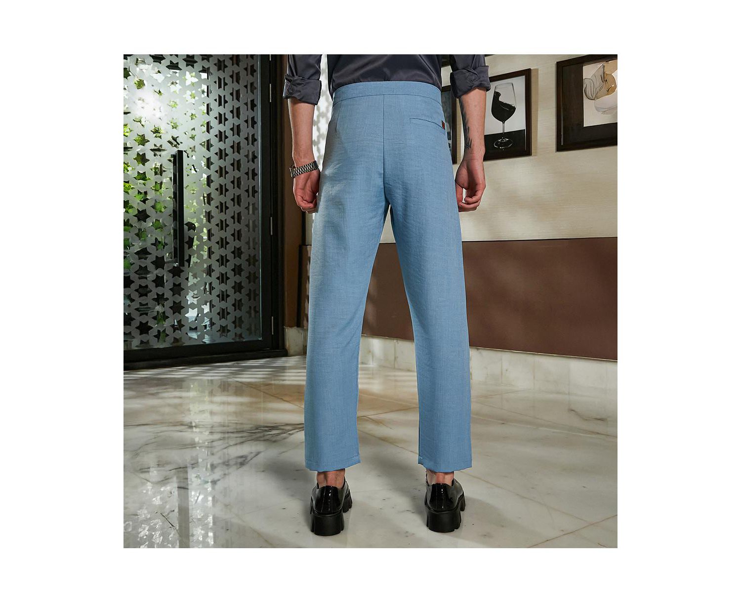 Men's Sky Blue Pleated Tailored Trousers