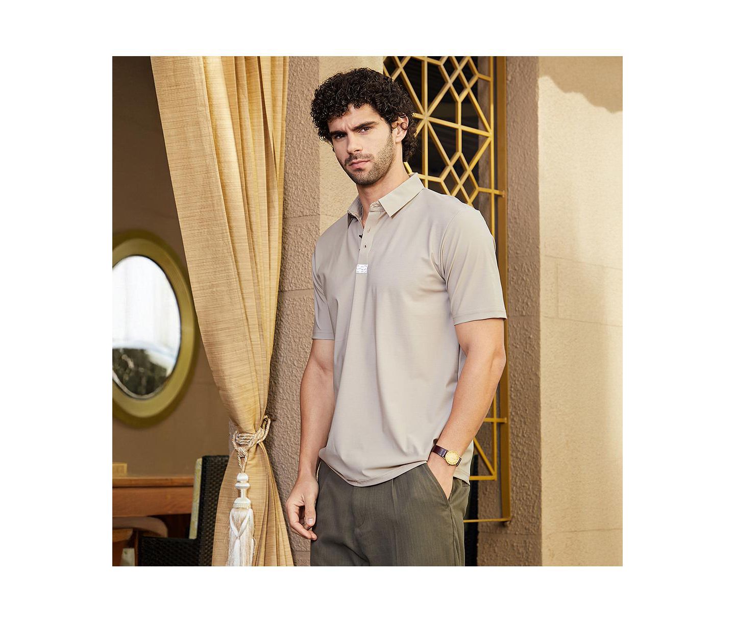 Мужская футболка Cahoot Campus Sutra Sand Beige Seamless Waffle Polo, цвет: Бежевый / Хаки — фото 4