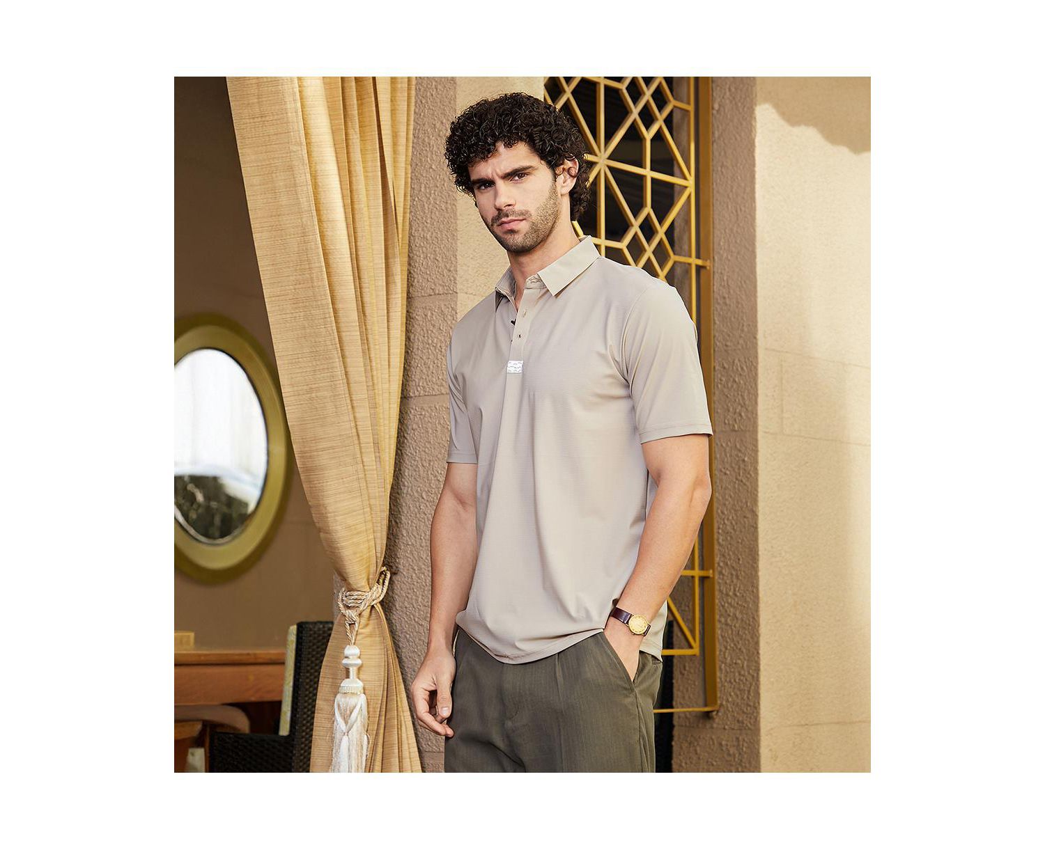 Men's Sand Beige Seamless Waffle Polo T-Shirt