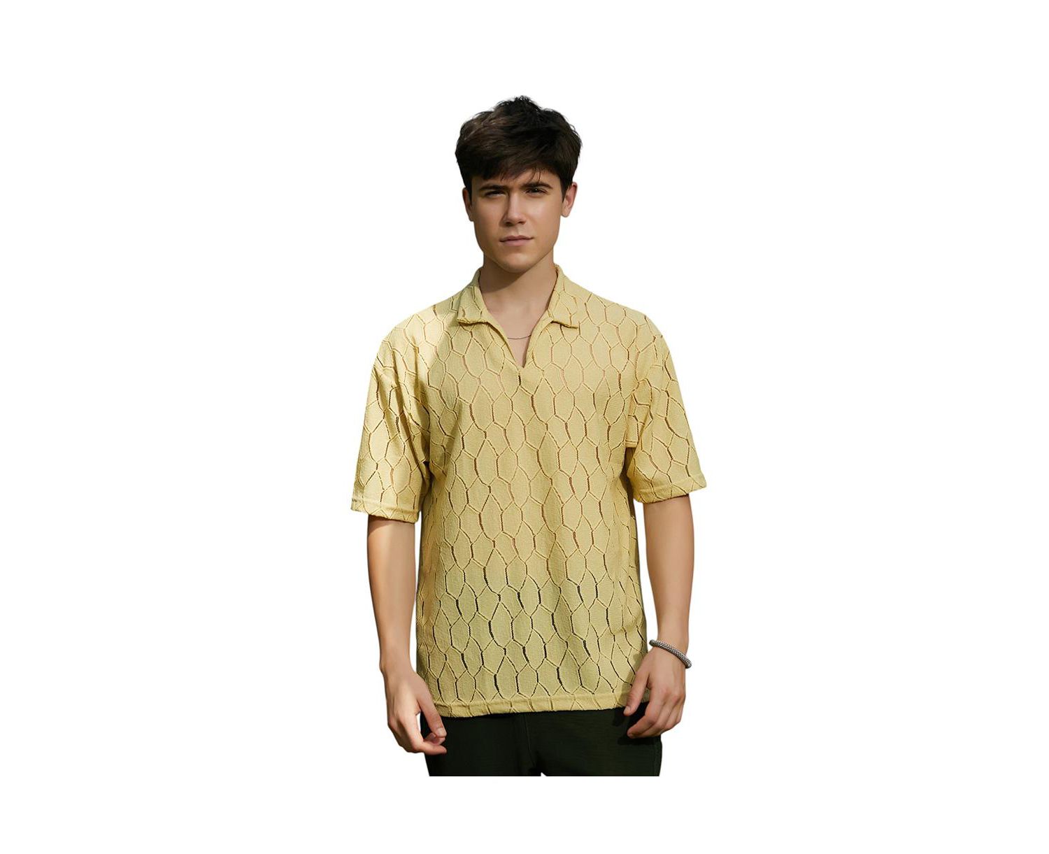 Men's Butter Yellow Honeycomb-Knit Polo T-Shirt