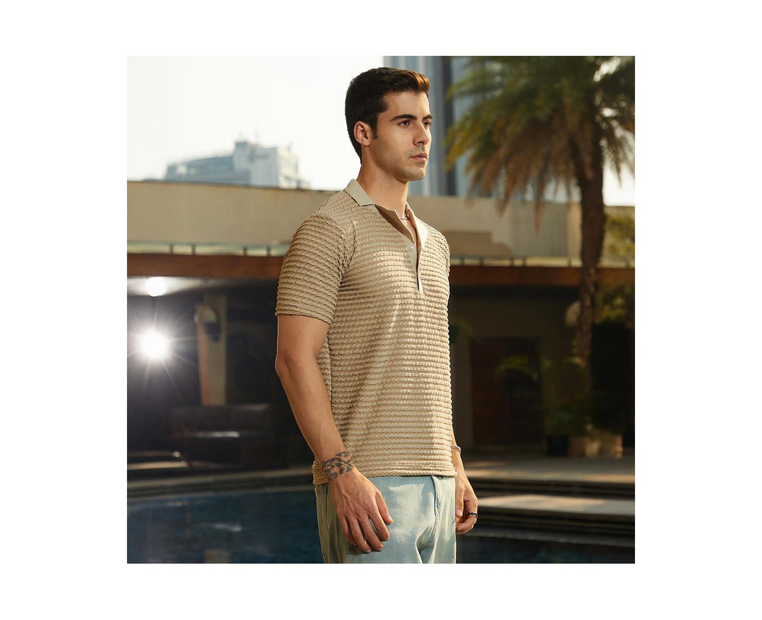 Men's Ash Brown Crease-Tactile Cuban Polo T-Shirt