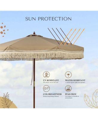 BOHO 9' Fringe Patio Umbrella with Tassels UPF50+ Boho Style 5-Year-Non-Fading for Outdoor Yard Market Mocha Meander