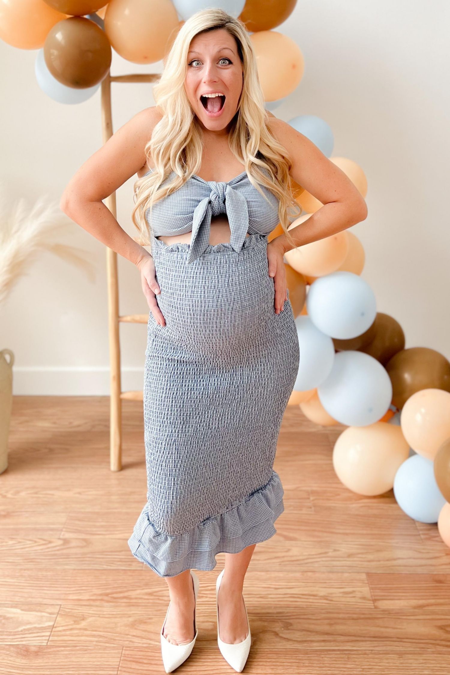 Women's Blue Gingham Print Smocked Fitted Self-Tie Midi Dress
