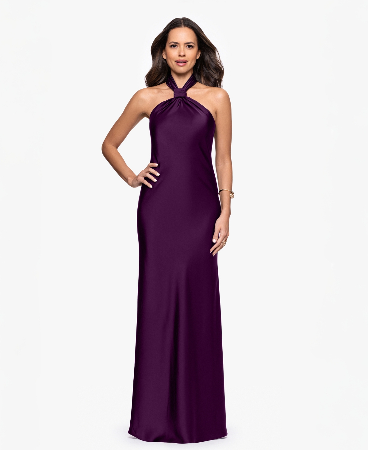 Women's Solid-Color Knot-Front Long Halter Dress - Plum