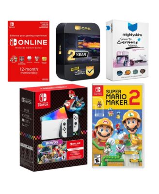 Switch OLED Console Mario Kart 8 Bundle with Mario Maker 2 , NSO 12 Month Family Membership, MightySkins Console and Controller Skin Voucher,