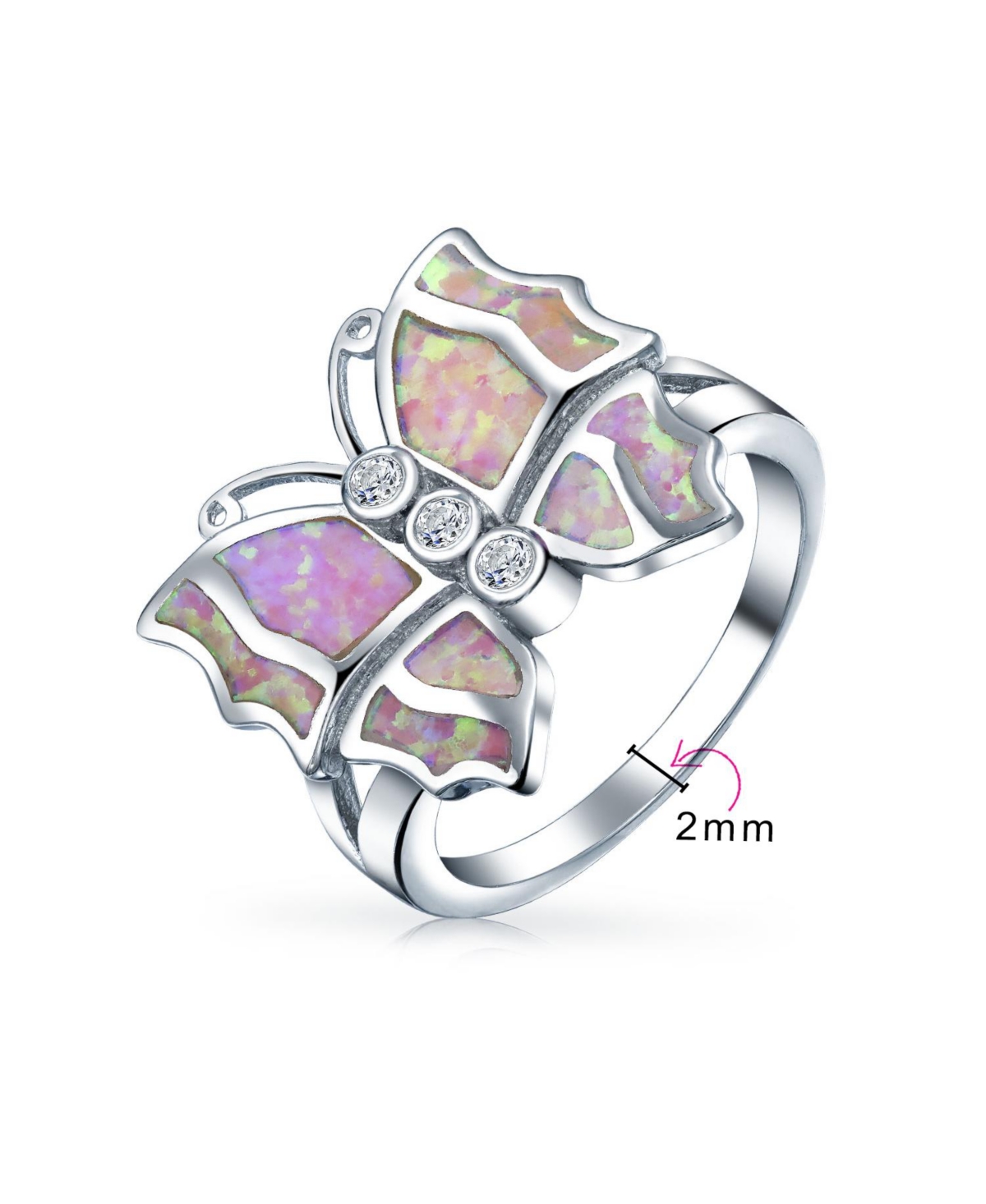 Bling Jewelry Elegant Cz Accent Cubic Zirconia Pink Created Opal Butterfly Ring .925 Sterling Silver