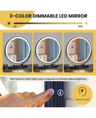 2-Pc. Wood 3-Color Lighted Mirror Vanity Table Set with Charging Station