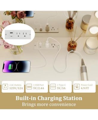 Compact Vanity Desk Set with 3-Color Lighted Mirror and Power Outlets