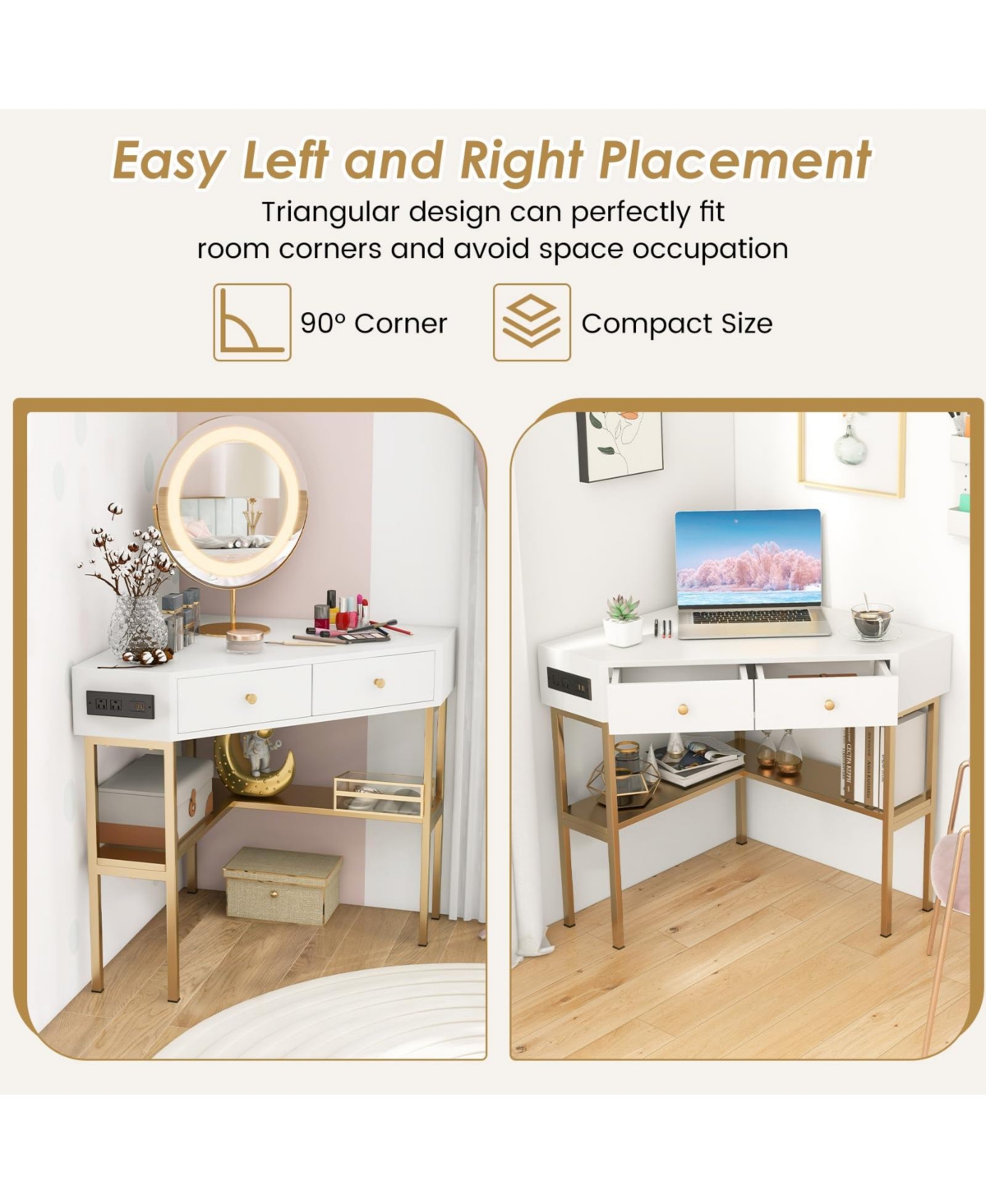 Space Saving Corner Computer Desk with 2 Large Drawers