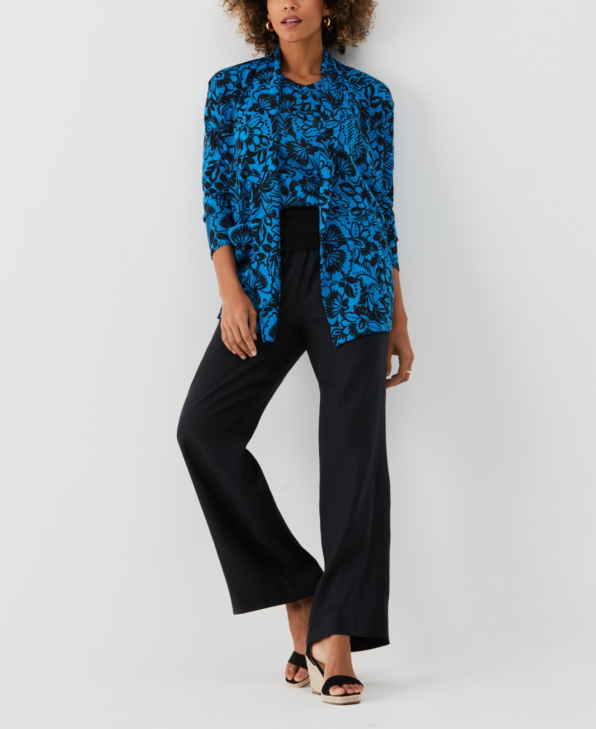 Shop Ella Rafaella Petite Eco Floral Print Roll Collar Draped Long Sleeve Cardigan Sweater